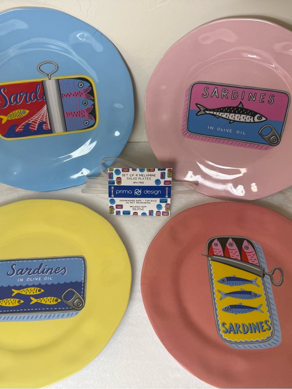 Prima Design Bex Morley Sardine Tin Melamine Salad Plates Set of 4 - NEW
